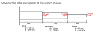 Solve for the total elongation of the system shown.
15 kN
12 kN
20 kN
4m
5m
6m
Steel
Ø = 120 mm
E = 200 GPa
Aluminum
Ø = 70 mm
E = 70 GPa
Bronze
Ø = 25 mm
E = 100 GPa
