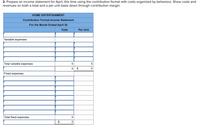 2. Prepare an income statement for April, this time using the contribution format with costs organized by behaviour. Show costs and
revenues on both a total and a per unit basis down through contribution margin.
HOME ENTERTAINMENT
Contribution Format Income Statement
For the Month Ended April 30
Total
Per Unit
Variable expenses:
Total variable expenses
$
Fixed expenses:
Total fixed expenses
