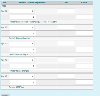 Date
2022
Apr 30
Apr 30
Apr 30
Apr 30
Apr 30
Chook
Account Title and Explanation
To record collection of outstanding accounts receivable
To record interest earned
To record NSF Cheque
To record bank charges
To record NSF fee
Debit
Credit