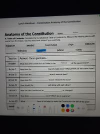 Lynch Maddison - Constitution Anatomy of the Constitution
Maddison
Name:
Anatomy of the Constitution
E. Table of Contents. Complete the Constitutional Table of Contents by filling in the missing pieces with
words from the lesson. Use the word bank below if you need help.
amended
Constitution
steps
executive
legislative
federalism
judicial
states
purpose
Section
Answers these questions...
Preamble
What does the Constitution do? What is the
Purpose
of the government?
Article I
How does the
branch create laws? What powers do the states have?
Article II
How does the
branch execute laws?
Article III
How does the
branch interpret the laws?
Article IV
How should the
get along with each other?
Article V
How can the Constitution be
or changed?
Article VI
How does
work? Which law is supreme?
Article VII
What
have to be taken to make the Constitution the law of the land?
Amendr
