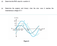 (d)
Determine the RMS value for waveform A
(e)
Determine the angle(s) and time(s) when the sine wave A reaches the
instantaneous voltage of 3 V
V (V)
10
8
5
В
-20%045° 90°
180°
360°
Figure 6
