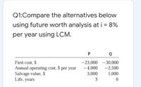 Q1:Compare the alternatives below
using future worth analysis at i = 8%
per year using LCM.
First cost, $
Annual operating cost, $ per year
Salvage value, $
Life, years
- 23,000 -30,000
-4,000
- 2,500
3,000
1,000
3
6
