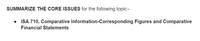 SUMMARIZE THE CORE ISSUES for the following topic:-
• ISA 710, Comparative Information-Corresponding Figures and Comparative
Financial Statements
