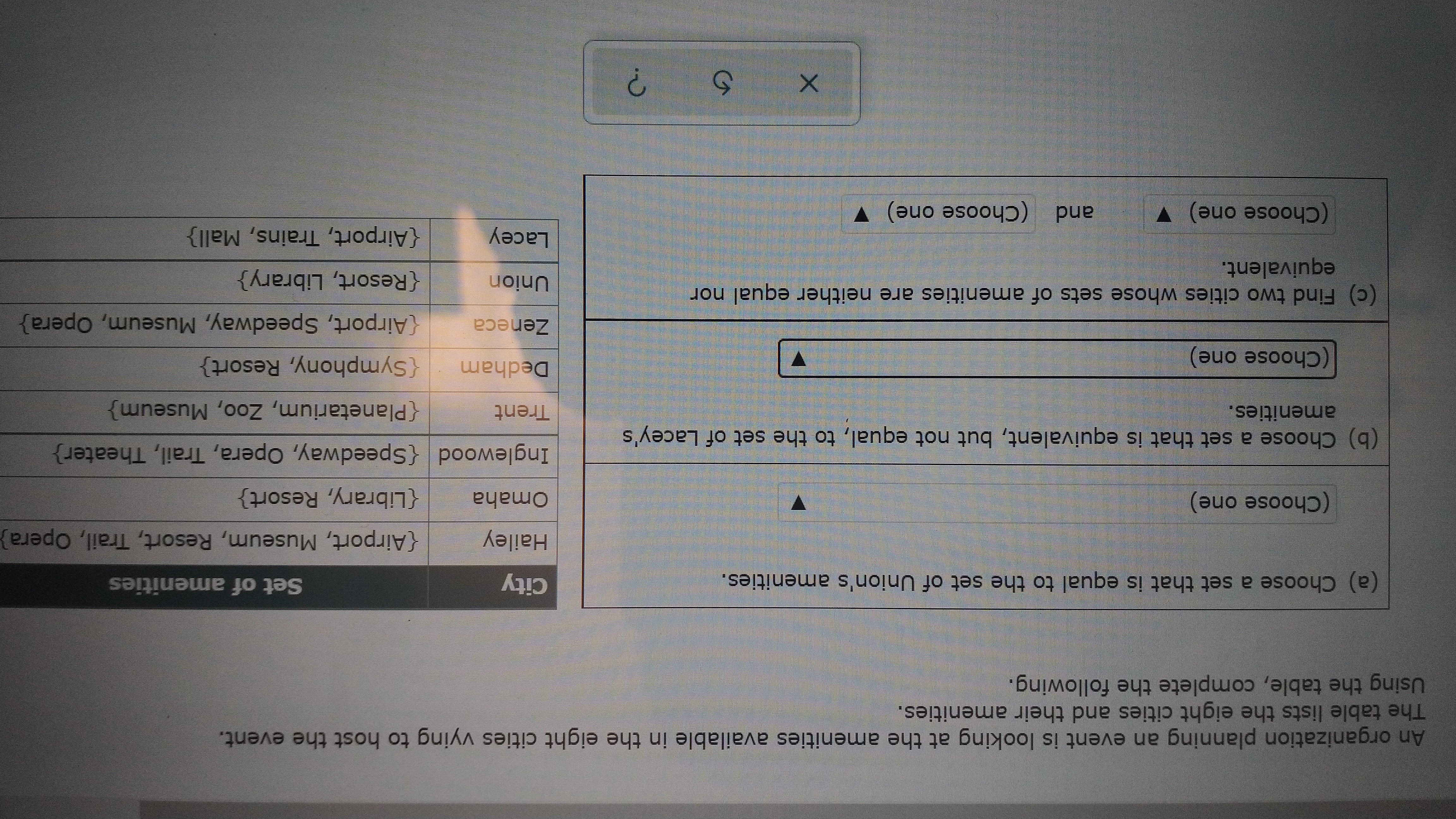 An organization planning an event is examining the amenities available in eight cities competing to host the event. The table lists the cities and their amenities. Using the table, complete the following tasks.

### Tasks

#### (a) Choose a set that is equal to the set of Union's amenities.

- **Choices**: Dropdown menu

#### (b) Choose a set that is equivalent, but not equal, to the set of Lacey's amenities.

- **Choices**: Dropdown menu

#### (c) Find two cities whose sets of amenities are neither equal nor equivalent.

- **Choices**: Two dropdown menus

### Table of Cities and Amenities

| City       | Set of Amenities                         |
|------------|------------------------------------------|
| Hailey     | {Airport, Museum, Resort, Trail, Opera}  |
| Omaha      | {Library, Resort}                        |
| Inglewood  | {Speedway, Opera, Trail, Theater}        |
| Trent      | {Planetarium, Zoo, Museum}               |
| Dedham     | {Symphony, Resort}                       |
| Zeneca     | {Airport, Speedway, Museum, Opera}       |
| Union      | {Resort, Library}                        |
| Lacey      | {Airport, Trains, Mall}                  |