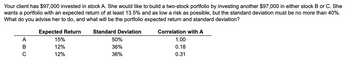 Your client has $97,000 invested in stock A. She would like to build a two-stock portfolio by investing another $97,000 in either stock B or C. She
wants a portfolio with an expected return of at least 13.5% and as low a risk as possible, but the standard deviation must be no more than 40%.
What do you advise her to do, and what will be the portfolio expected return and standard deviation?
ABC
Expected Return
15%
12%
12%
Standard Deviation
50%
36%
36%
Correlation with A
1.00
0.18
0.31