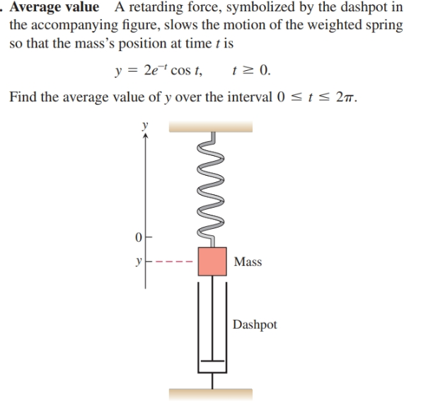 . Average value A retarding force, symbolized by the dashpot in
the accompanying figure, slows the motion of the weighted spring
so that the mass's position at time t is
y = 2e cos t,
t 2 0.
Find the average value of y over the interval 0 < t< 27.
y
Mass
Dashpot
my
