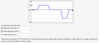 140
F1
20
At what time does the child:
A. Begin to fill the pail? t =
B. Finish filling the pail? t
C. Tip the pail over? t =
(What would the graph of V'(t) look like if the child filled the pail by using a play shovel to repeatedly scoop water from a larger bucket and
dump it in the pail instead of using a hose?)
