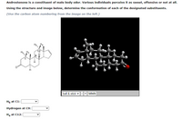 Androstenone is a constituent of male body odor. Various individuals perceive it as sweet, offensive or not at all.
Using the structure and image below, determine the conformation of each of the designated substituents.
(Use the carbon atom numbering from the image on the left.)
Ha
Ha
12
ball & stick v
+ labels
-
Нь at C1:
Hydrogen at C9:
Ha at C12:
1,
