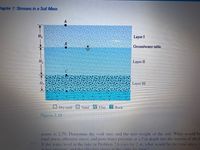 hapter 7: Stresses in a Soil Mass
Layer I
Groundwater table
H2
Layer II
Layer III
ODry sand
Sand
Clay
E Rock
Figure 7.19
grains is 2.70. Determine the void ratio and the unit weight of the soil. What would ba
total stress, effective stress. and pore water pressure at a 5 m depth into the bottom of the I
If the water level in the lake in Problem 76 rises by 2 m. what would be the total stress,
water
and the c rtive sress at the same looation
