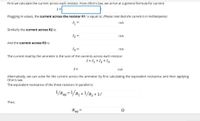 First we calculate the current across each resistor. From Ohm's law, we arrive at a general formula for current:
Plugging in values, the current across the resistor R1 is equal to: (Please note that the current is in milliamperes)
mA
Similarly the current across R2 is:
12 =
mA
And the current across R3 is:
13 =
mA
The current read by the ammeter is the sum of the currents across each resistor:
|=l1+/2 +l3
| =
mA
Alternatively, we can solve for the current across the ammeter by first calculating the equivalent resistance and then applying
Ohm's law.
The equivalent resistance of the three resistors in parallel is:
1/Reg =1/R, +1/R2 + 1/
Thus,
Rea
Ω
%3D
