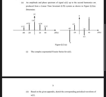 (a)
An amplitude and phase spectrum of signal a(t) up to the second harmonics are
produced from a Linear Time Invariant (LTI) system as shown in Figure Q.2(a).
Determine:
|A|
1/4
atce plat
π/16
π/16
π/2
1/12
1/12
-40
2,0
-40 -20
20 40
-20
40
f(Hz)
3
Figure Q.2 (a)
-TU
(i) The complex exponential Fourier Series for a(t).
π
(ii) Based on the given appendix, sketch the corresponding periodical waveform of
a(t).
f(Hz)