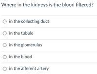 Where in the kidneys is the blood filtered?
O in the collecting duct
O in the tubule
in the glomerulus
O in the blood
O in the afferent artery
