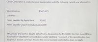 Citrus Corporation is a calendar year S corporation with the following current year information:
Operating loss
$(360,000)
Liabilities:
Notes payable, Big Apple Bank
90,000
Notes payable, Grapefruit (individual) 60,000
On January 1 Grapefruit bought 60% of Citrus Corporation for $135,000. She then loaned Citrus
Corporation $60,000 (the amount above under liabilities). How much of the operating loss may
Grapefruit deduct currently? Assume the excess business loss limitation does not apply.
