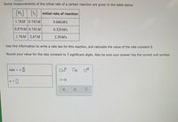 Some measurements of the initial rate of a certain reaction are given in the table below.
[H.]
12 initial rate of reaction
1.78 M 0.743 M
0.666M/s
0.879 M 0.743 M
0.329 M/s
1.78M 2.67M
2.39 M/s
Use this information to write a rate law for this reaction, and calculate the value of the rate constant k.
Round your value for the rate constant to 3 significant digits. Also be sure your answer has the correct unit symbol.
rate = k ||I
k =
