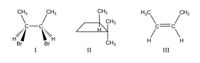 The image shows three different chemical structures labeled as I, II, and III.

**Structure I:** This structure represents a carbon-carbon single bond in the center with two bromine (Br) atoms and one hydrogen (H) atom attached to each carbon. Additionally, each carbon is connected to a methyl group (CH₃). The wedge and dash bonds suggest stereochemistry, indicating the spatial orientation of the bromine atoms.

**Structure II:** This is a cycloalkane structure, specifically a cyclobutane, which consists of a four-membered carbon ring. One of the carbons has a methyl group (CH₃) and a hydrogen atom (H) attached, while another carbon has two methyl groups (CH₃) attached. 

**Structure III:** This depicts a double-bonded carbon (C=C) structure, known as an alkene. Each carbon in the double bond is attached to a hydrogen (H) atom and a methyl group (CH₃).

These structures illustrate different types of organic molecules, showcasing features like stereochemistry, cyclic structures, and double bonds.