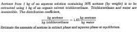 Acetone from 1 kg of an aqueous solution containing 20% acetone (by weight) is to be
extracted using 1 kg of an organic solvent trichloroethane. Trichloroethane and water are
immiscible. The distribution coefficient,
kg acetone
kg trichloroethane
kg acetone
= 1.65
kg water
Estimate the amounts of acetone in extract phase and aqueous phase at equilibrium.
