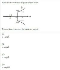 Consider the root locus diagram shown below.
Im
k = 0
k = 0
Re
k= 0
The root locus intersects the imaginary axis at
(A)
(B)
S = tjv4
(C)
(D)
