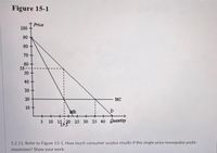 Figure 15-1
Price
100
90
80
70
60-
50
40
30
20
10
55-
MC
R
D
5 10 15 20 25 30 35 40 Quantity
5.2.11. Refer to Figure 15-1. How much consumer surplus results if this single-price monopolist profit-
maximizes? Show your work.