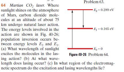 Problem 63.
64 Martian CO, laser. Where
sunlight shines on the atmosphere
E = 0.289 eV
of Mars, carbon dioxide mole-
cules at an altitude of about 75
km undergo natural laser action.
The energy levels involved in the
action are shown in Fig. 40-26;
population inversion occurs be-
tween energy levels E, and E.
(a) What wavelength of sunlight
E = 0.165 ev
E =0
excites the molecules in the las-
Figure 40-26 Problem 64.
ing action? (b) At what wave-
length does lasing occur? (c) In what region of the electromag-
netic spectrum do the excitation and lasing wavelengths lie?
