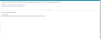 The grades of a class of 9 students on a midterm report (x) and on the final examination (y) are shown below. Use the data to complete parts (a) and (b).
X 77 50
81 67
y
71 72 83 94
79 36 48 84
96
99 99 68
99 67 D
(a) Estimate the linear regression line.
ŷ=+x
(Round the constant to one decimal place as needed. Round the coefficient to three decimal places as needed.)