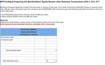 AP11-5 (Algo) Preparing the Stockholders' Equity Section after Selected Transactions LO11-1, 11-3, 11-7
Mulkilteo Company obtained a charter from the state in January of this year. The charter authorized 1,000,000 shares of common stock
with a $5 par value. During the year, the company earned $443,000. Also during the year, the following selected transactions occurred
in the order given:
a. Sold 840,000 shares of the common stock for $64 per share.
b. Repurchased 39,000 shares for $60 per share.
Required:
Prepare the stockholders' equity section of the balance sheet at the end of the year.
Note: Amounts to be deducted should be indicated with a minus sign.
Stockholders' equity:
Contributed capital:
MULKILTEO COMPANY
Balance Sheet (Partial)
At December 31, This year
Total contributed capital
Total stockholders' equity
$
0
0