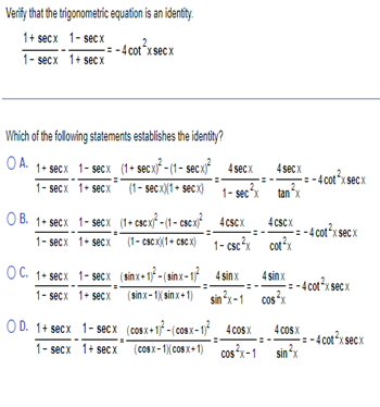 Answered: Verify that the trigonometric equation… | bartleby