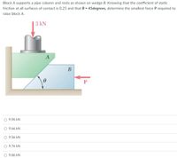 Block A supports a pipe column and rests as shown on wedge B. Knowing that the coefficient of static
friction at all surfaces of contact is 0.25 and that e = 45degrees, determine the smallest force P required to
raise block A.
3 kN
В
P
9.96 kN
O 9.66 kN
9.56 kN
O 9.76 kN
O 9.86 kN
