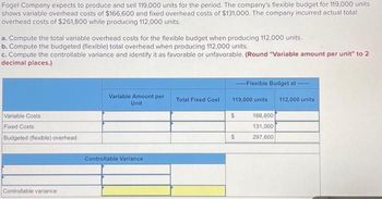 Fogel Company expects to produce and sell 119,000 units for the period. The company's flexible budget for 119,000 units
shows variable overhead costs of $166,600 and fixed overhead costs of $131,000. The company incurred actual total
overhead costs of $261,800 while producing 112,000 units.
a. Compute the total variable overhead costs for the flexible budget when producing 112,000 units.
b. Compute the budgeted (flexible) total overhead when producing 112,000 units.
c. Compute the controllable variance and identify it as favorable or unfavorable. (Round "Variable amount per unit" to 2
decimal places.)
Variable Costs
Fixed Costs
Budgeted (flexible) overhead
Controllable variance
Variable Amount per
Unit
Controllable Variance
Total Fixed Cost
------Flexible Budget at
119,000 units
$
$
166,600
131,000
297,600
112,000 units