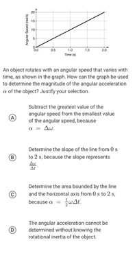 20
15
10
0.0
0.5
1.0
1.5
2.0
Time (s)
An object rotates with an angular speed that varies with
time, as shown in the graph. How can the graph be used
to determine the magnitude of the angular acceleration
a of the object? Justify your selection.
Subtract the greatest val
angular speed from the smallest value
of the angular speed, because
= Aw.
Determine the slope of the line from 0 s
B.
to 2 s, because the slope represents
Aw
Δι
Determine the area bounded by the line
and the horizontal axis from 0 s to 2 s,
žwAt.
because a
The angular acceleration cannot be
determined without knowing the
rotational inertia of the object.
Angular Speed (rad/s)
