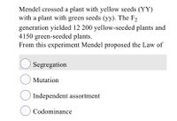 Mendel crossed a plant with yellow seeds (YY)
with a plant with green seeds (yy). The F2
generation yielded 12 200 yellow-seeded plants and
4150 green-seeded plants.
From this experiment Mendel proposed the Law of
O Segregation
O Mutation
O Independent assortment
O Codominance
