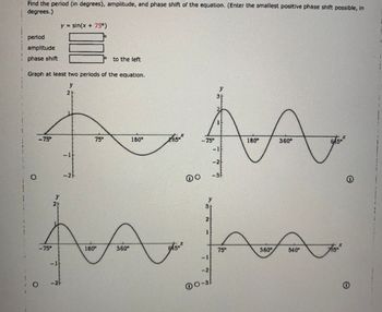 Find the period (in degrees), amplitude, and phase shift of the equation. (Enter the smallest positive phase shift possible, in
degrees.)
period
amplitude
phase shift
O
2+
31
75°
180°
-75°
180°
360°
A M
AA
-1
-2
-2F
-75°
Graph at least two periods of the equation.
y
<-75°
y
y = sin(x + 75°)
2+
100
-1
-2/
to the left
2
hajan
645
75°
-2
00-3
180°
x
85°
360°
y
-3
DO
360°
6/50*
540°
O
0