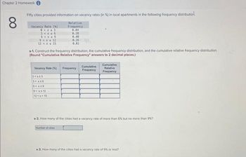 Chapter 2 Homework
8
Fifty cities provided information on vacancy rates (in %) in local apartments in the following frequency distribution.
Relative
Frequency
0.04
Vacancy Rate ()
0<x<3
3 < x < 6
6 < x≤ 9
9 < x < 12
12 < x < 15
a-1. Construct the frequency distribution, the cumulative frequency distribution, and the cumulative relative frequency distribution
(Round "Cumulative Relative Frequency" answers to 2 decimal places.)
0.28
0.40
0.26
0.02
Vacancy Rate (%) Frequency
0<x<3
3< x≤6
6<x59
9< x≤ 12.
12<x<15
Number of cities
Cumulative
Frequency
Cumulative
Relative
Frequency
a-2. How many of the cities had a vacancy rate of more than 6% but no more than 9%?
a-3. How many of the cities had a vacancy rate of 9% or less?