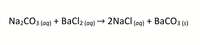 ### Chemical Reaction: Double Displacement

This balanced chemical equation illustrates a double displacement reaction between sodium carbonate and barium chloride in aqueous solutions:

**Equation:**

\[ \text{Na}_2\text{CO}_3 \, (\text{aq}) + \text{BaCl}_2 \, (\text{aq}) \rightarrow 2\text{NaCl} \, (\text{aq}) + \text{BaCO}_3 \, (\text{s}) \]

**Explanation:**

- **Reactants:**
  - **Sodium Carbonate (\( \text{Na}_2\text{CO}_3 \)):** A soluble ionic compound.
  - **Barium Chloride (\( \text{BaCl}_2 \)):** Another soluble ionic compound.

- **Products:**
  - **Sodium Chloride (\( \text{NaCl} \)):** A soluble compound that remains in aqueous solution.
  - **Barium Carbonate (\( \text{BaCO}_3 \)):** An insoluble compound that precipitates as a solid.

**Key Points:**

- The reaction involves the exchange of ions between the reactants, leading to the formation of new products.
- **Barium Carbonate** forms a precipitate, a solid that settles out of the solution, indicating the occurrence of the reaction.
- This type of reaction is commonly used in chemistry to identify the presence of certain ions in a solution.