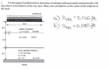 1. For the square foundation below determine: a) ultimate settlement and b) settlement after 140
days due to consolidation of the clay layer. Base your calculations on the values at the midpoint of
the layer.
8 ft
12 ft
8 ft
16 ft
SAND (COARSE)
Y 110 pcf
G,= 2.65
q=2200 psf
ROCK
w=0.08
e=0.6
CLAY (NORM.CONSOL.)
c₁= 0.15 ft/day
C₂ = 0.42
@p=1.2
G₂ =2.57
Sult=D.126 ft
S140 = 0.081 ft