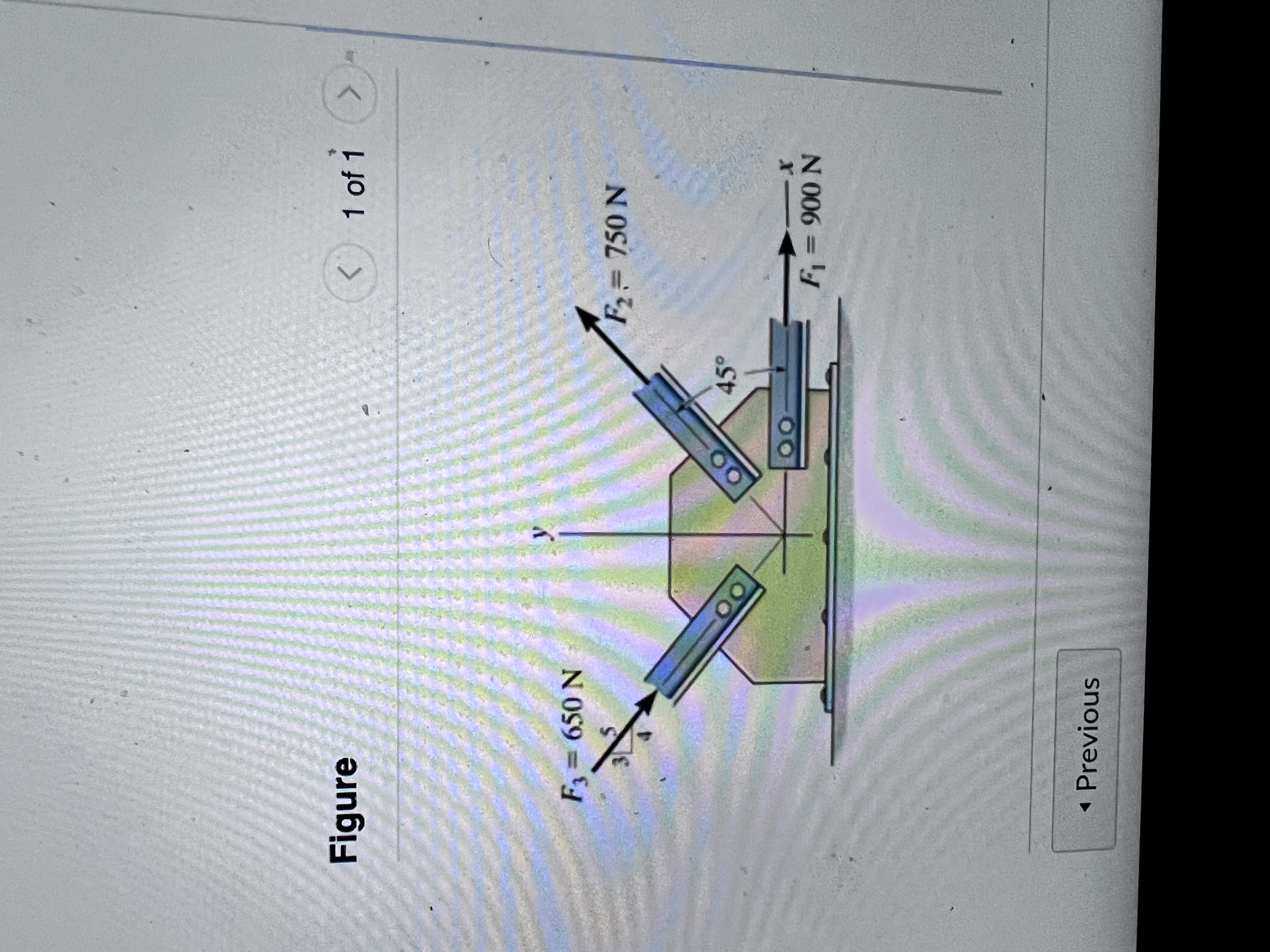 Figure
<.
1 of 1>-
F=650 N
F2%3D750 N
00
45°
N 006 =4
- Previous
