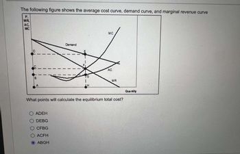 The following figure shows the average cost curve, demand curve, and marginal revenue curve
P.
MR
AC.
MC
B
A
Demand
ADEH
DEBG
CFBG
ACFH
ABGH
ur
LH
MC
AC
MR
What points will calculate the equilibrium total cost?
Quantity