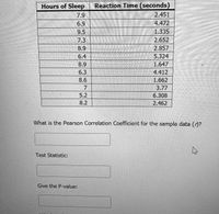 Hours of Sleep
Reaction Time (seconds)
7.9
2.451
6.9
4.472
9.5
1.335
7.3
2.652
8.9
2.857
6.4
5.324
1.647
4.412
1.662
3.77
6.308
2.462
8.9
6.3
8.6
7
5.2
8.2
What is the Pearson Correlation Coefficient for the sample data (r)?
Test Statistic:
Give the P-value:
