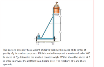 **Description:**

The diagram depicts a platform assembly designed for stability analysis. The key features of the diagram are:

- A tall platform structure with a load placed on top labeled as \( G_2 \).
- The platform assembly has its center of gravity denoted as \( G_1 \).
- Measurements provided are:
  - The height from the base to \( G_1 \) is 8 feet.
  - The additional height to \( G_2 \) is 6 feet, making the total height 14 feet from the base.
  - The base of the platform is 6 feet long between points \( C \) and \( D \), with additional 1-foot extensions on either side.

**Textual Explanation:**

The platform assembly has a weight of 250 lb at its center of gravity, \( G_1 \), for analysis purposes. It is intended to support a maximum load of 400 lb placed at \( G_2 \). The task is to determine the smallest counterweight, \( W \), that should be placed at point \( B \) to prevent the platform from tipping over. The reactions at points \( C \) and \( D \) are directed upwards.