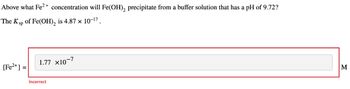 Above what Fe2+ concentration will Fe(OH)2 precipitate from a buffer solution that has a pH of 9.72?
The Ksp of Fe(OH)2 is 4.87 × 10-17.
[Fe2+] =
1.77 x10-7
Incorrect
Σ