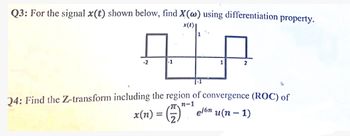 Q3: For the signal x(t) shown below, find X(w) using differentiation property.
x(t)
1
-2
-1
1
2
24: Find the Z-transform including the region of convergence (ROC) of
x(n) =
πn-1
ejón u(n-1)