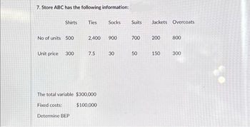 7. Store ABC has the following information:
Shirts
No of units 500
Unit price 300
Ties Socks
Determine BEP
2,400 900
7.5
The total variable $300,000
Fixed costs:
$100,000
30
Suits Jackets Overcoats
700
50
200
150
800
300