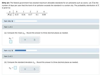 **Dirty Air: Analyzing Air Pollution Exceedance**

The federal government has set maximum allowable standards for air pollutants such as ozone. In this scenario, let \( X \) represent the number of days per year that air pollution levels surpass these standards in a particular city. The probability distribution of \( X \) is provided in the table below:

\[
\begin{array}{c|ccccc}
x & 0 & 1 & 2 & 3 & 4 \\
\hline
P(x) & 0.33 & 0.36 & 0.17 & 0.10 & 0.04 \\
\end{array}
\]

**Part 1 of 2**

(a) *Calculate the Mean (\( \mu_X \)):*

To find the mean of \( X \), compute the expected value as follows:

\[
\mu_X = \sum (x \cdot P(x))
\]

Round your final answer to three decimal places.

**Part 2 of 2**

(b) *Calculate the Standard Deviation (\( \sigma_X \)):*

To determine the standard deviation, calculate:

\[
\sigma_X = \sqrt{\sum [(x - \mu_X)^2 \cdot P(x)]}
\]

Again, round your answer to three decimal places.