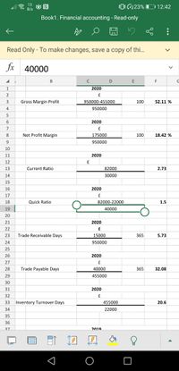 13
0: C023% 12:42
B/s
Book1. Financial accounting - Read-only
Read Only - To make changes, save a copy of thi...
fx 40000
B
D
E
F
1
2020
2
£
3
Gross Margin Profit
950000-455000
100
52.11 %
4
950000
5
6
2020
7
£
8
Net Profit Margin
175000
100
18.42 %
9
950000
10
11
2020
12
£
13
Current Ratio
82000
2.73
14
30000
15
16
2020
17
£
18
Quick Ratio
82000-22000
1.5
19
40000
20
21
2020
22
£
23
Trade Receivable Days
15000
365
5.73
24
950000
25
26
2020
27
£
28
Trade Payable Days
40000
365
32.08
29
455000
30
31
2020
32
33 Inventory Turnover Days
455000
20.6
34
22000
35
36
37
2019
...
Q
00
