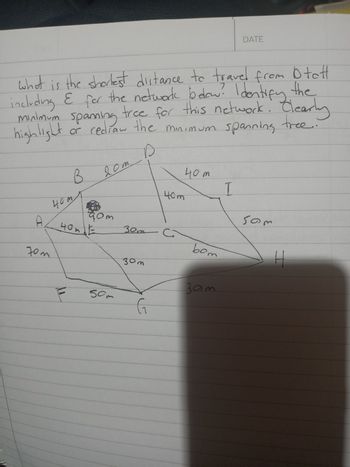 What is the shortest distance to travel from Otott
including & for the network berw? Identify the
minimum spanning.
tree for this network. Clearly
highlight or
or redraw the minimum spanning tree.
D
A
B
40m
на
70m.
4.01
m
20m.
90m
50m
30m
30m
G
40m
C.
40m
bom
30m
DATE
I
som
1