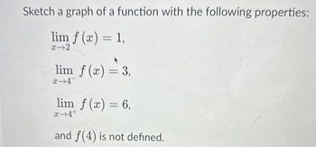 Sketch a graph of a function with the following properties:
lim f (x) = 1,
x-2
lim f(x) = 3,
x-4
lim f(x) = 6,
x-4+
and f(4) is not defined.