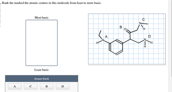 Rank the marked the atomic centers in this molecule from least to more basic.
A
C
Most basic
Least basic
Answer Bank
B
D
A
منو
H
D