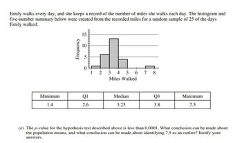 Emily walks every day, and she keeps a record of the number of miles she walks each day. The histogram and
five-number summary below were created from the recorded miles for a random sample of 25 of the days
Emily walked.
Frequency
S
15
10
0
1
2
3 4 5 678
Miles Walked
Minimum
Q1
Median
Q3
Maximum
1.4
2.6
3.25
3.8
7.5
(e) The p-value for the hypothesis test described above is less than 0.0001. What conclusion can be made about
the population means, and what conclusion can be made about identifying 7.5 as an outlier? Justify your
answers.