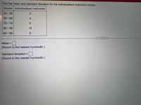 Find the mean and standard deviation for the individualized instruction scores.
Scores Individualized Instruction
50-59
60-69
4
70-79
80 - 89
10
90-99
6.
.....
Mean =
(Round to the nearest hundredth.)
Standard deviation =
(Round to the nearest hundredth.)
