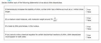 Decide whether each of the following statements is true about chitin deacetylase.
It tremendously increases the stability of chitin, so that chitin has a lifetime as much as a 1 million times
longer.
It's a medium-sized molecule, with molecular weight around 50
g
mol
It's made by DNA polymerase, in the nucleus.
If you were to write a chemical equation for certain biochemical reactions of chitin, chitin deacetylase
would appear on both sides.
true
false
true
false
true
false
O true
O false