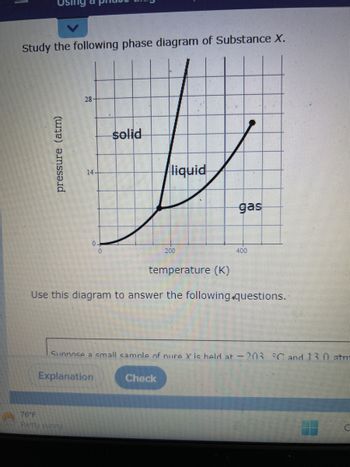 Study the following phase diagram of Substance X.
pressure (atm)
28-
14-
0.
76°F
Partly sunny
solid
Explanation
liquid
200
temperature (K)
Use this diagram to answer the following questions.
Check
gas
Sunnose a small sample of pure X is held at -203 °C and 13 0 atm
400